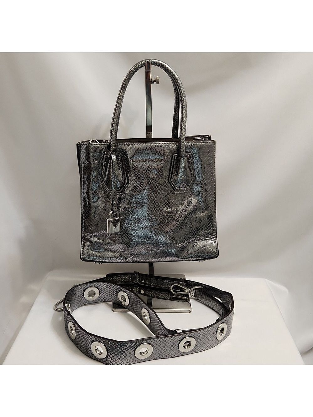 Michael Michael Kors Mercer Metallic Snake-Embossed-Leather Crossbody Hand Bag